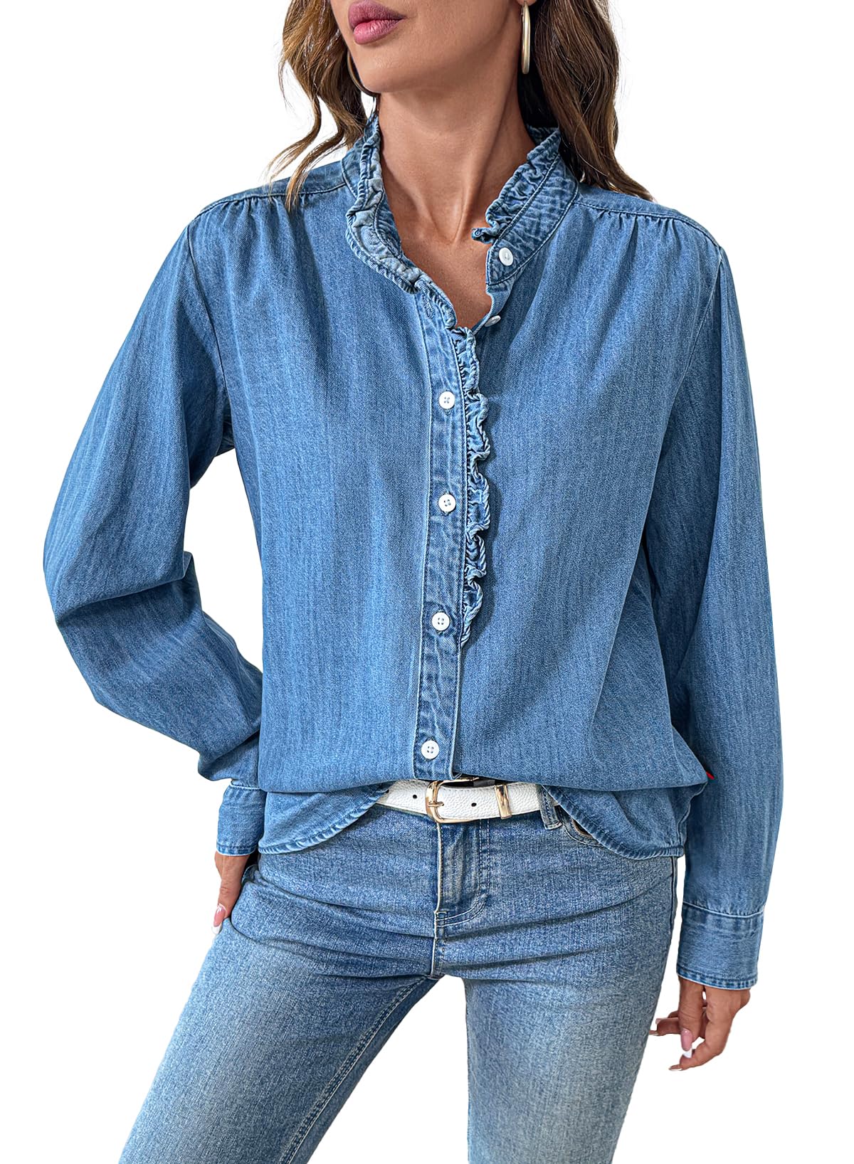 Photo 1 of ***dirty***Sidefeel Womens Denim Blouses Button Down V Neck Ruffled Casual Long Sleeve Chambray Jean Western Shirt Light Blue Large