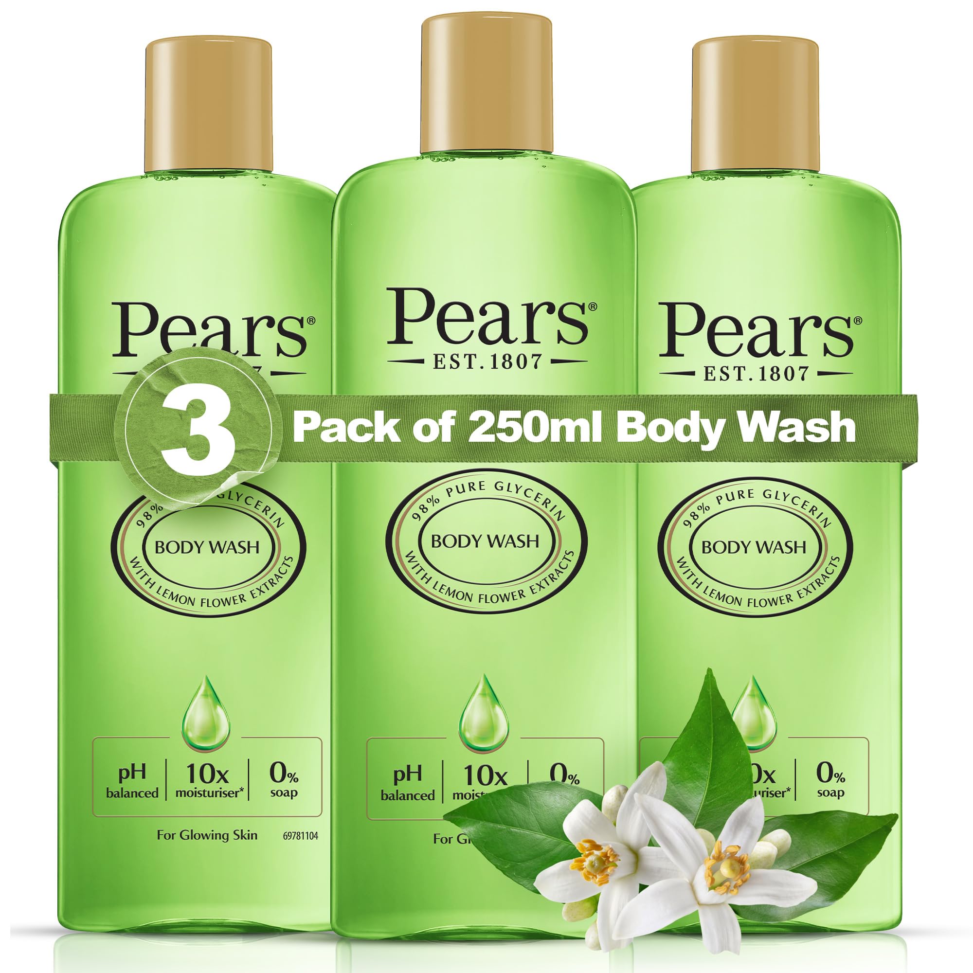 Pears Pure & Gentle Body Wash with Lemon Flower Extract - Nourishing Gel Cleanser -Crafted with Natural Oils - 10x More Moisturiser* - Beauty Bath for Moisturising Care - 250ml (3 Pack) — image 1