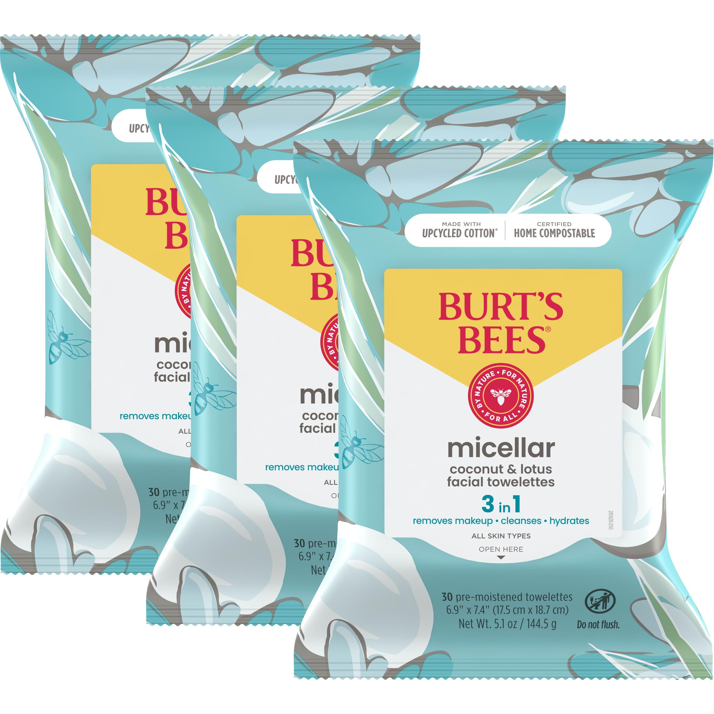Photo 1 of Burt's Bees Back To School Dorm Essentials, Coconut & Lotus Face Wipes, for All Skin Types, Micellar Makeup Remover & Facial Cleansing Towelettes, 30 Ct. (3-Pack)