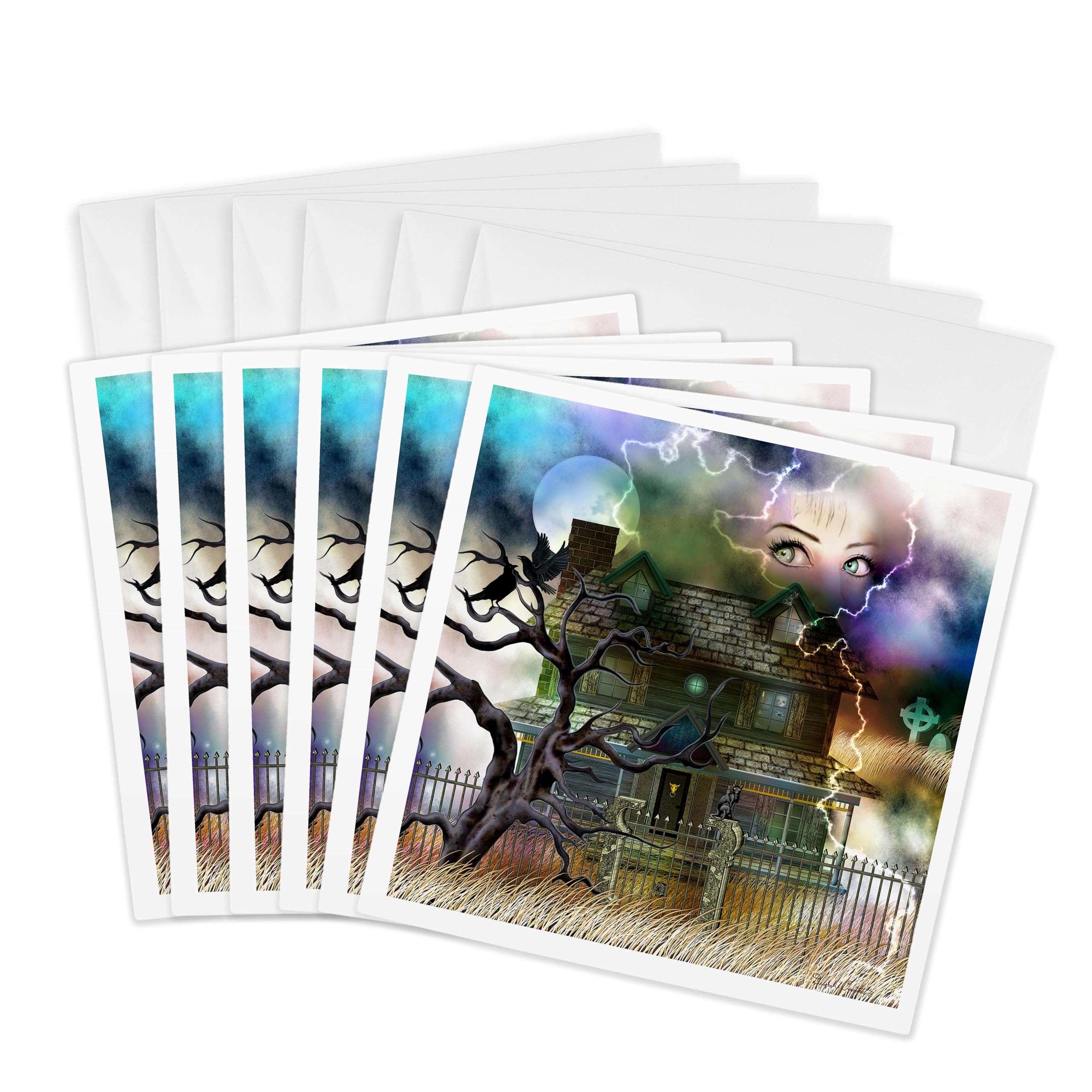 3dRose gc_11652_1 6 x 6-Inch "A Spooky Collage of an Old Haunted House, Graveyard, Black Cat and More" Greeting Card (Pack of 6)