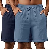 Neer 2 Pack Men's Cotton Linen Blend Bermuda Flat Front Shorts, 7" Casual Elastic Waist Drawstring Summer Shorts with Pockets
