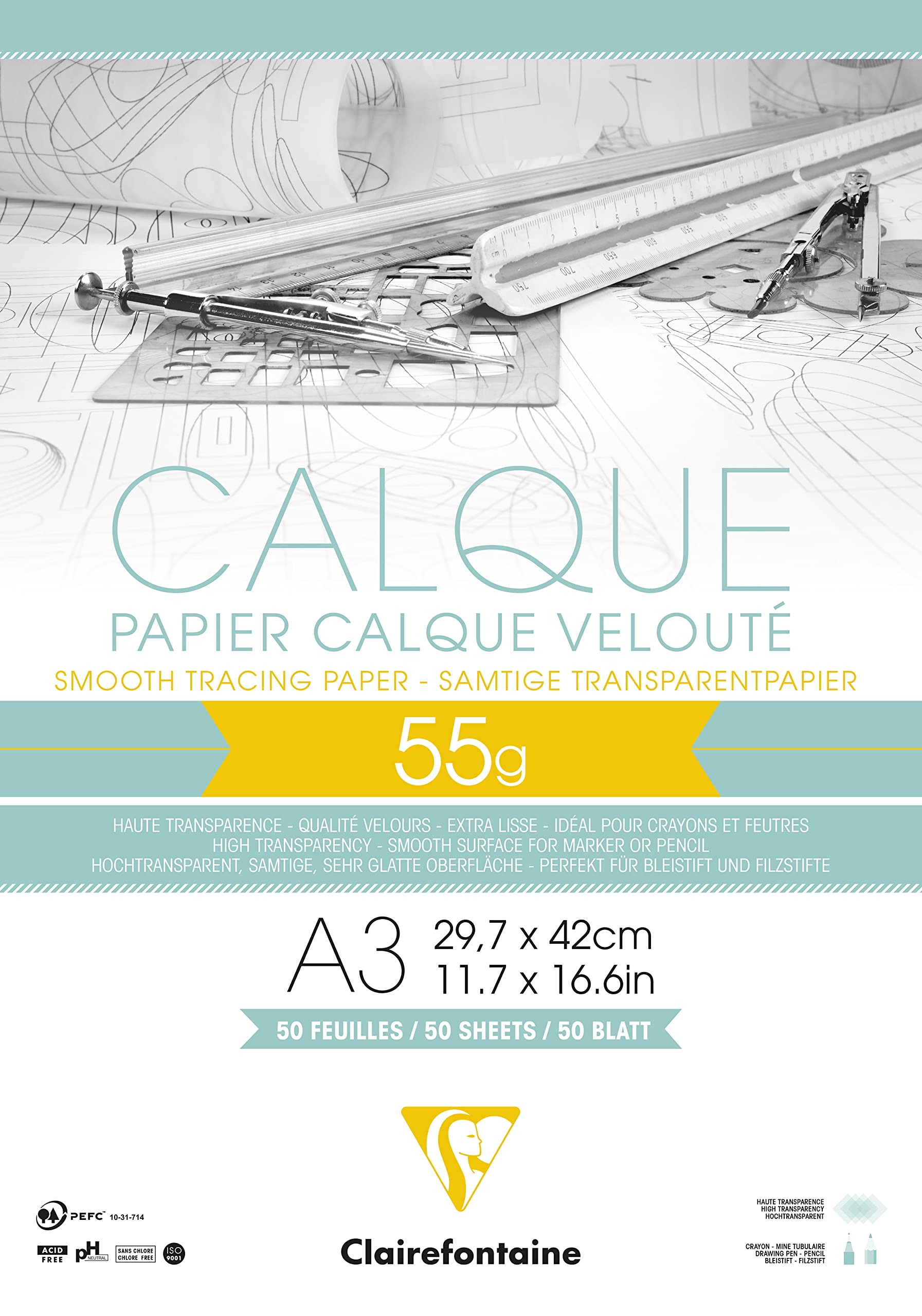 Clairefontaine - Ref 975081C - Tracing Paper Pad (50 Sheets) - A3 Sized, 50/55g, High Transparency, Smooth Surface, Acid Free, Printable - Suitable for Ink, Marker & Pencil