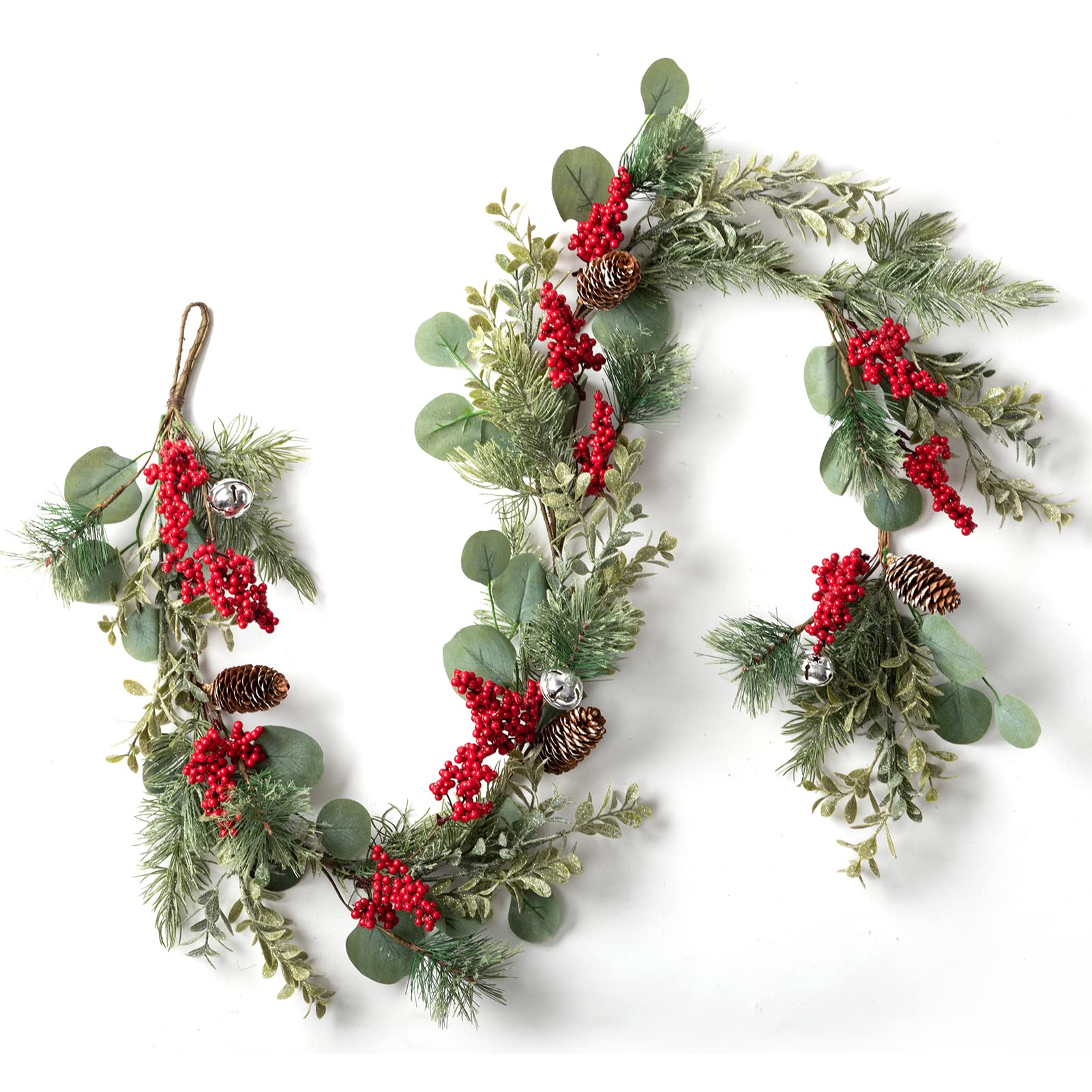 Photo 1 of LOHASBEE Artificial Christmas Garland, 5 Feet Pine Cone Eucalyptus Garland with Red Berries, Bells & Greenery Glitter for Christmas Indoor Outdoor Garden Gate Front Door Home Wall Window Stair Decor