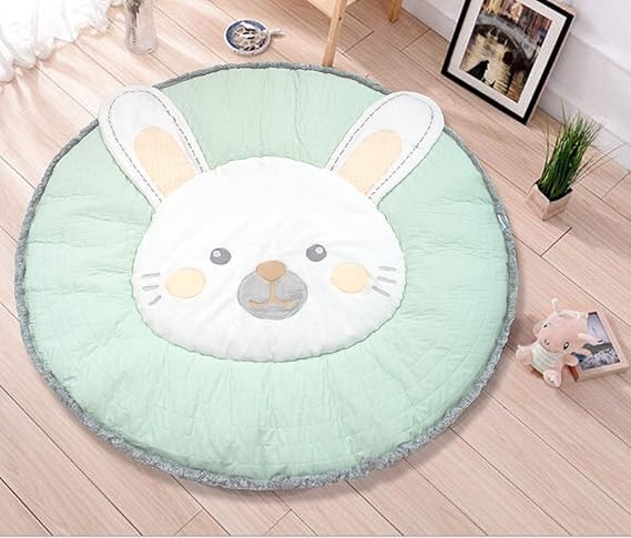 Abracadabra Multipurpose Comfortable Plush Quilted Play mat, Floor Rug, Crawling Mat, Nursery Decor Size 100 cms Diameter (Sky Blue, Bunny Design)