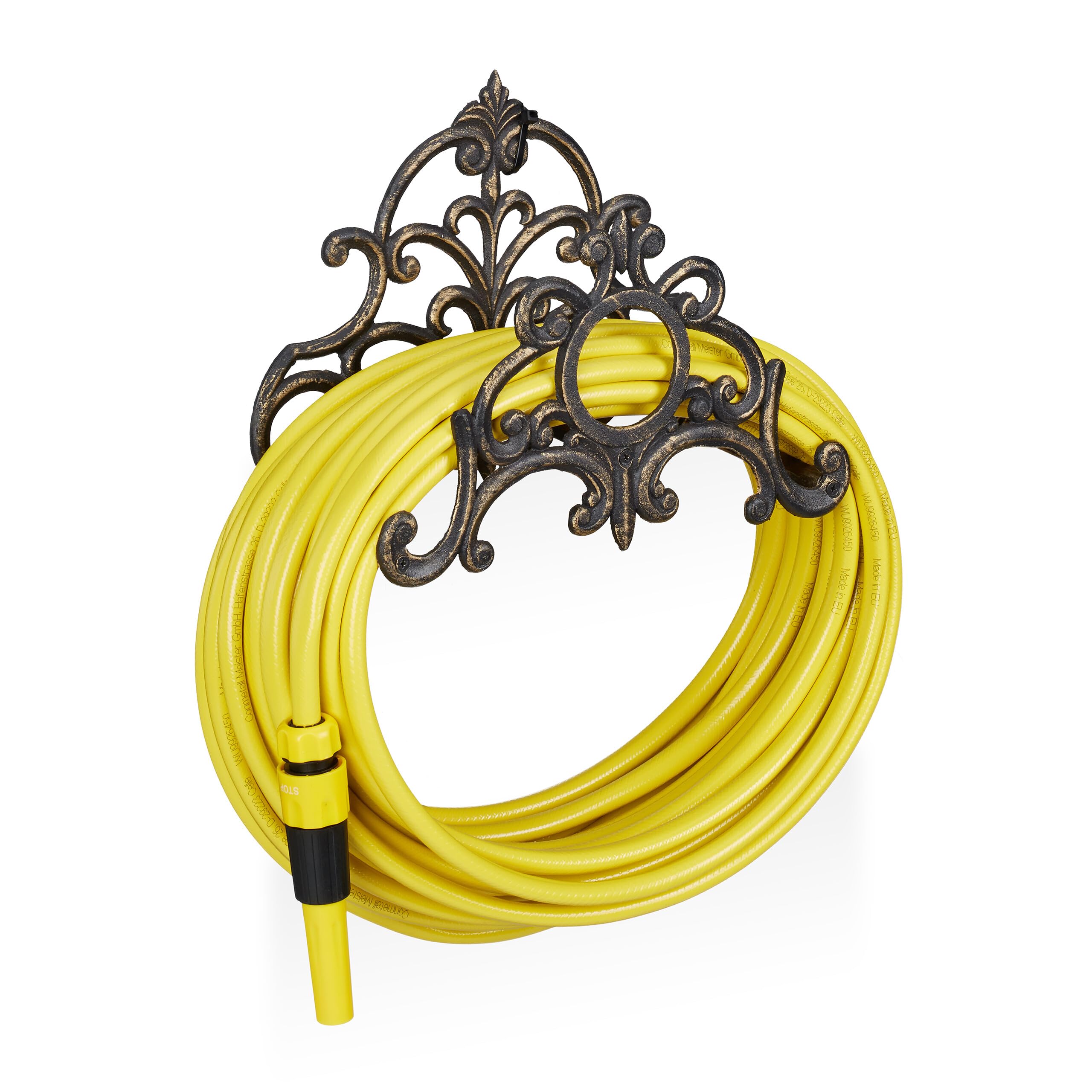 Relaxdays Antique Hose Holder, Cast Iron, Vintage Look, Wall-Mounted, HxWxD: 24 x 31.5 x 15 cm, Garden Hose Hanger, Bronze
