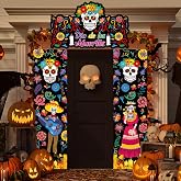 3 Pcs Day of the Dead Decorations Mexican Dia De Los Muertos Theme Hanging Porch Sign Banner Sugar Skull Door Banner Hanging Supplies for Halloween Front Doors Wall Photo Booth Props Decors