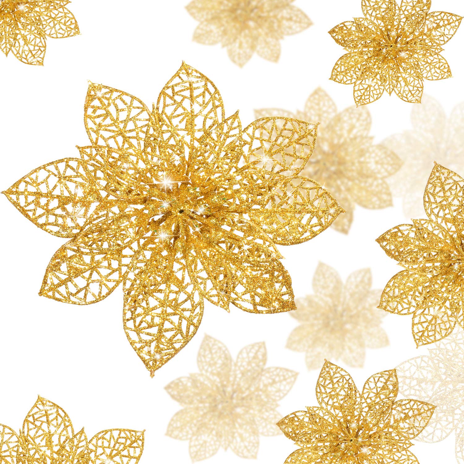 36 Piece 3 Size Christmas Glitter Poinsettia Faux Wedding Flowers - Christmas & New Year Home/Outdoor Decoration (Gold)