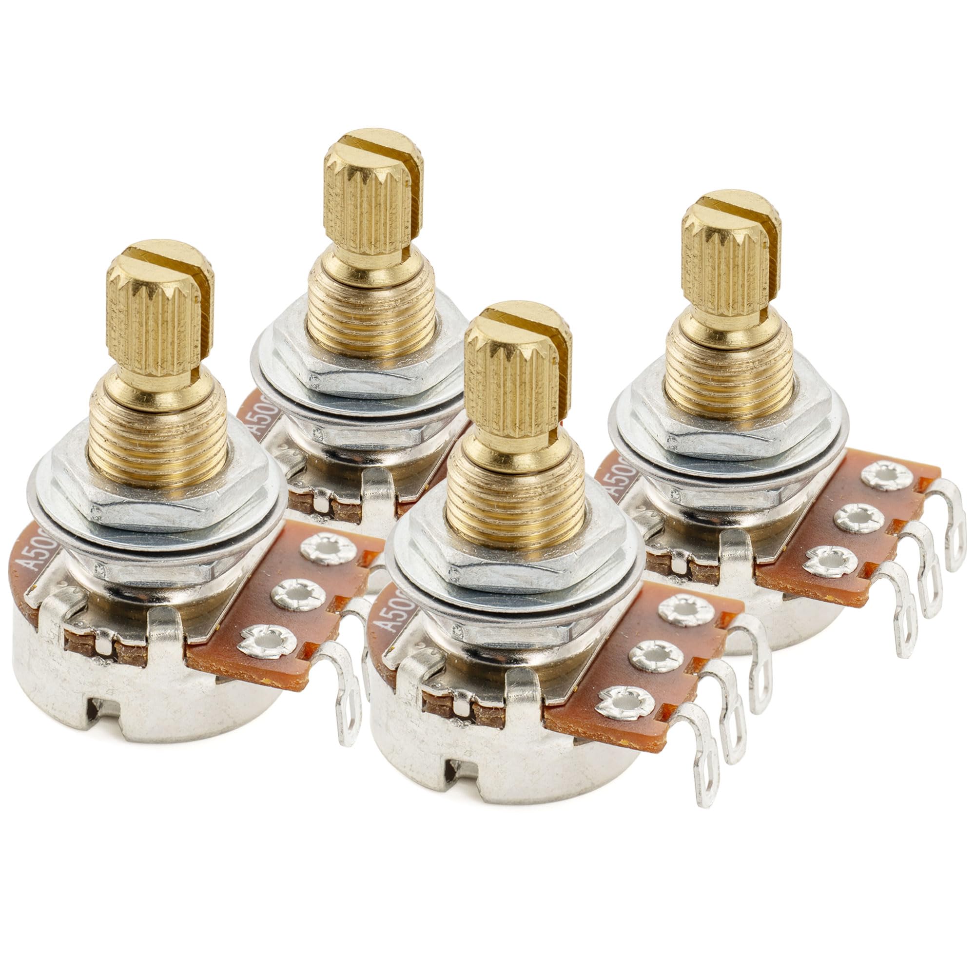 Musiclily Pro A500K Brass Thread Metric Mini Potentiometers Split Shaft Audio Taper Pots for Electric Guitar Bass (Set of 4)