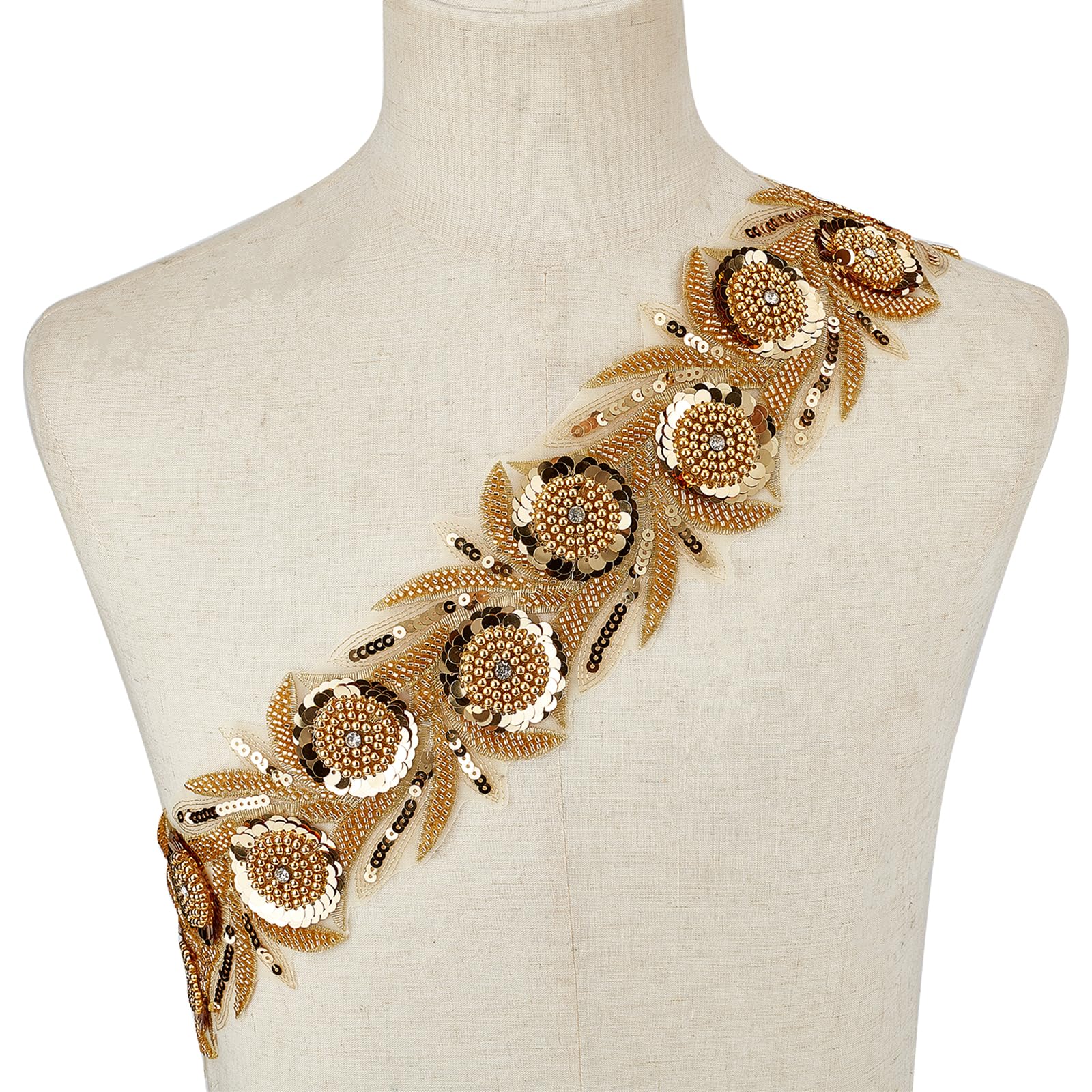 NICENEEDED Lace Beaded Sequins Flower Trims, Gold Handmade Ribbons Lace Trim Ribbon for Women, Polyester Trim for Clothes Repairing Decorating Wedding Dress DIY Sewing Craft