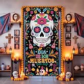 Day of The Dead Dia De Los Muertos Decorations Door Cover, Black Color Dia de los Muertos Porch Sign Background Mexican Halloween Banner for Indoor and Outdoor Sugar Skull Party Decoration