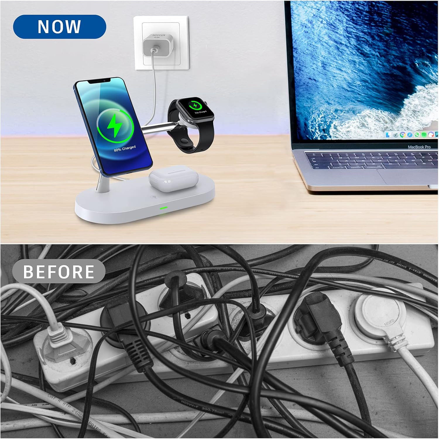 NOOOZA 3 in 1 Magnetic Wireless Charger Fast Charging Station Dock with 20 W QC3.0 Adapter Compatible with iPhone 12/12 Pro Max/Mini/AirPods Pro/AirPods 2 Magsafe Case iwatch Series, White: Electronics