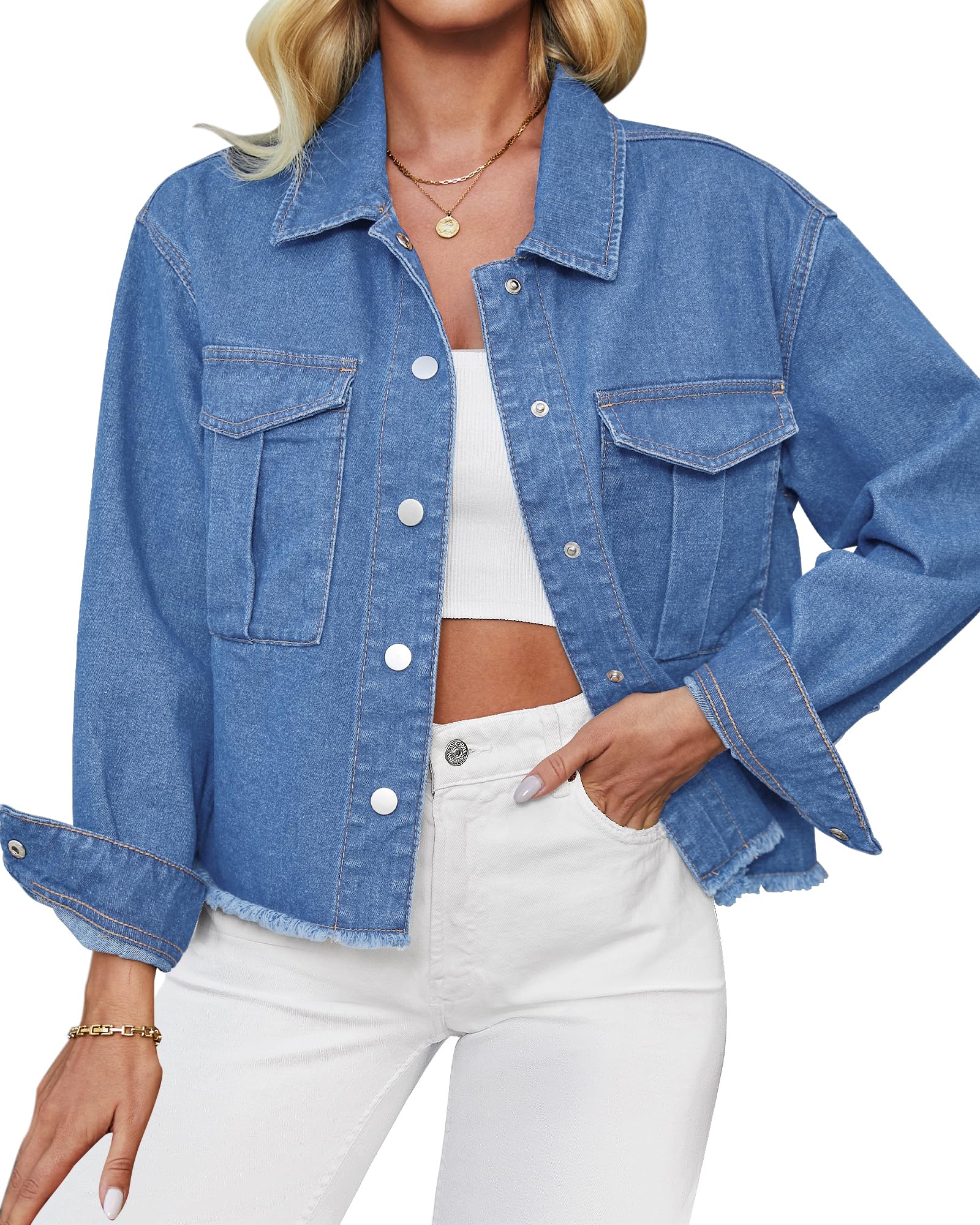 Photo 1 of luvamia Cropped Jean Jacket For Women Light Blue Jean Jacket Womens Jackets Womens Shacket Chaqueta De Jeans Para Mujer Women'S Jackets Casual Women Summer Clothes Size Medium Size 8 10