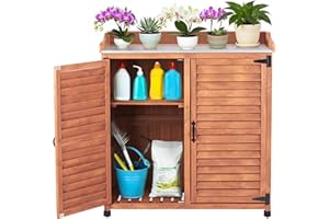FTCBNet Outdoor Potting Bench with Metal Work Top,Waterproof Garden Storage Cabinet,Wooden Tool Station Shed for Backyard,Patio,Lawn Gardening