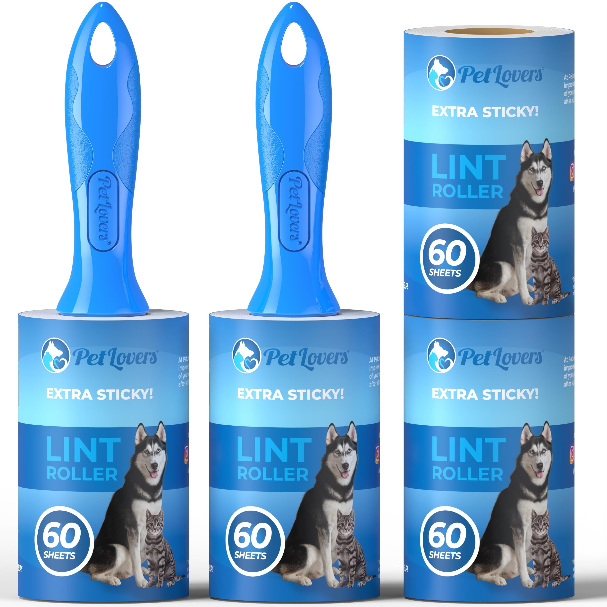 PetLovers Extra Sticky Lint Roller Value Set 240 Sheets for Pet Hair Removal, Dog and Cat Lint Remover 4 Pack (2 Rollers and 2 Refills)