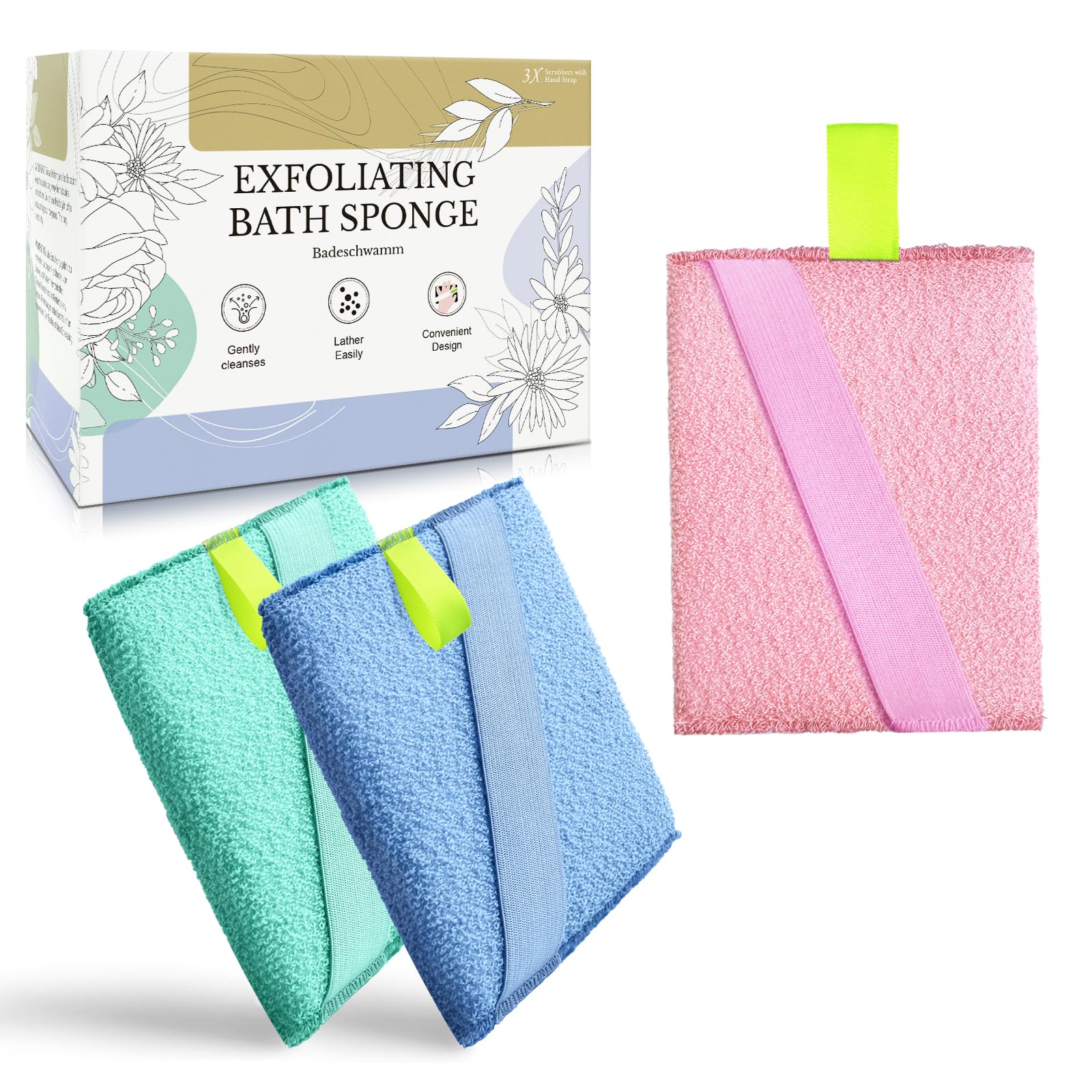 Migliore Wear 3 Pack Bath Sponges - Upgraded EXFOLIATING Shower Sponges for Adults, Double Sided Body Sponge with Hand Strap, Natural Bath/Shower Scrubber for Remove Dead Skin, Massage