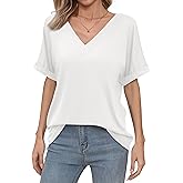 Missufe Women's 2025 Summer Tops V Neck Short Batwing Sleeve Loose Fit Casual Basic T Shirt