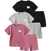 Jolyshlid Girls 6 Pieces Knited Shorts Set Casual Short Sleeve Tee Tops and Shorts Sets 4-12Y