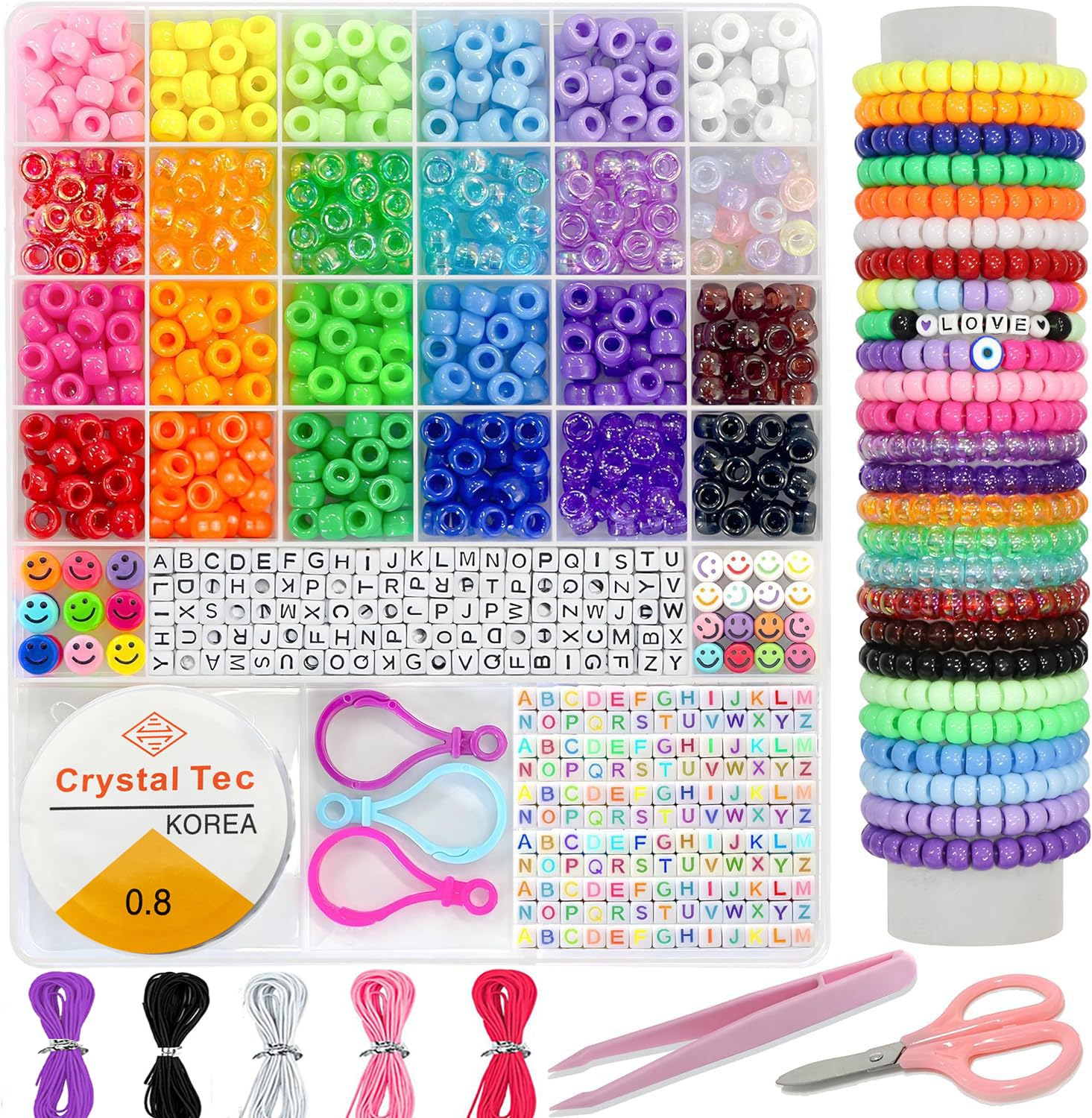 MAIQIEU 24 Color Pony Beads Bulk 1100 Pcs,Kandi Beads for Necklace Jewelry Making Earring Hair Braiding,Bracelets Making Kits,Hair Bead, Bracelet Plastic Bead for Crafts Braids Girls