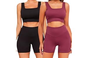 FINETOO Workout Sets for Women 4 Pieces Ribbed Crop Tank Shorts Active Gym Exercise High Waisted Sports Yoga Outfit S-L