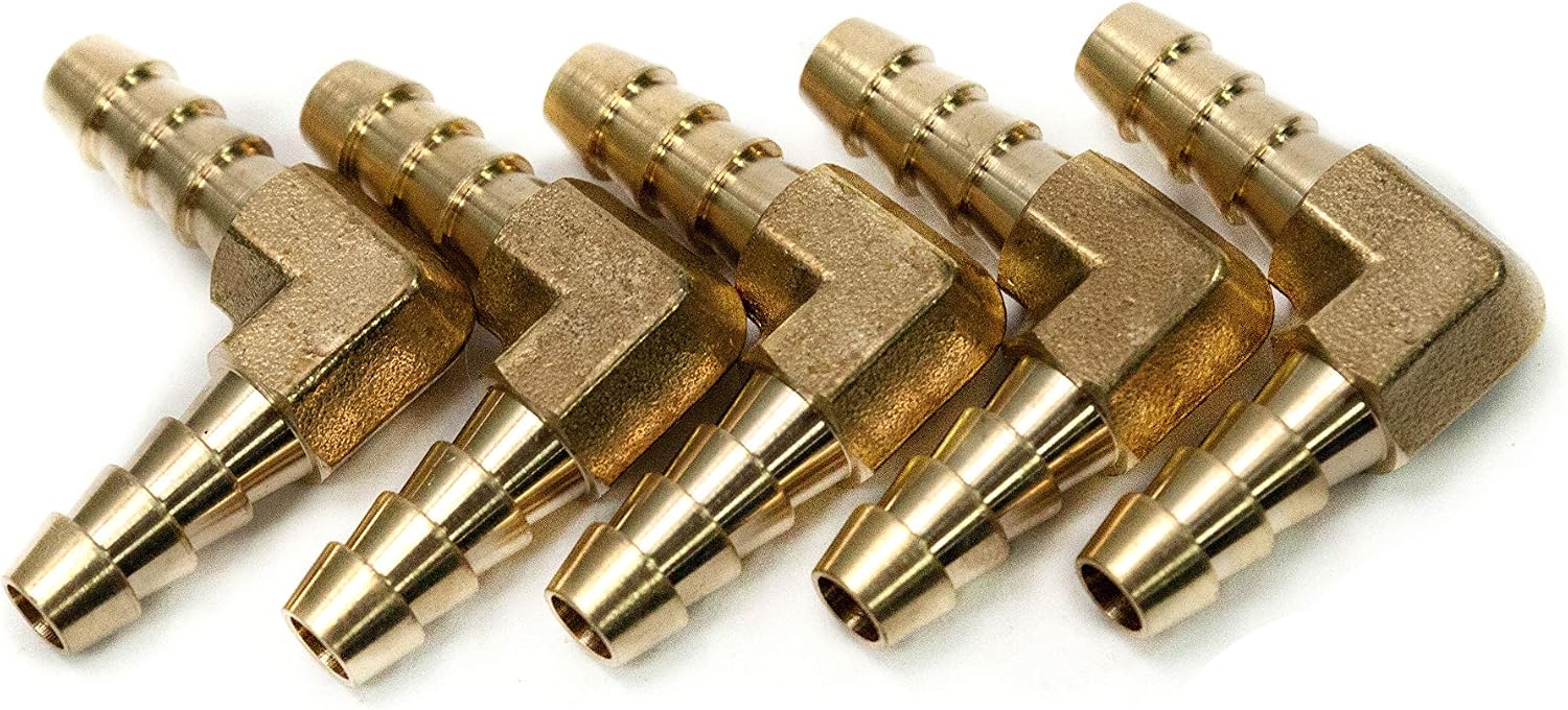 LTWFITTING 90 Deg Elbow Brass Barb Fitting 1/4-Inch x1/4-Inch(6mm) Hose ID Air/Water/Fuel/Oil/Inert Gases (Pack of 5)