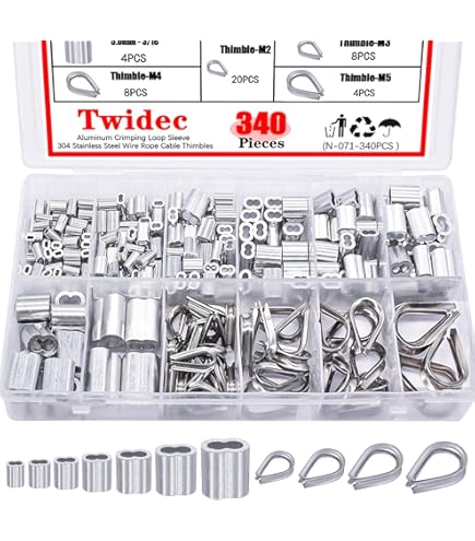 YMYP Up To 2.2mm Wire Rope Crimping Tool With 180 Pcs Sleeves 99FT Stainless Steel Wire Rope & 10 Pcs Stainless Steel Thimbles Kit, 3 Sizes Aluminum Double Barrel Ferrule & 3