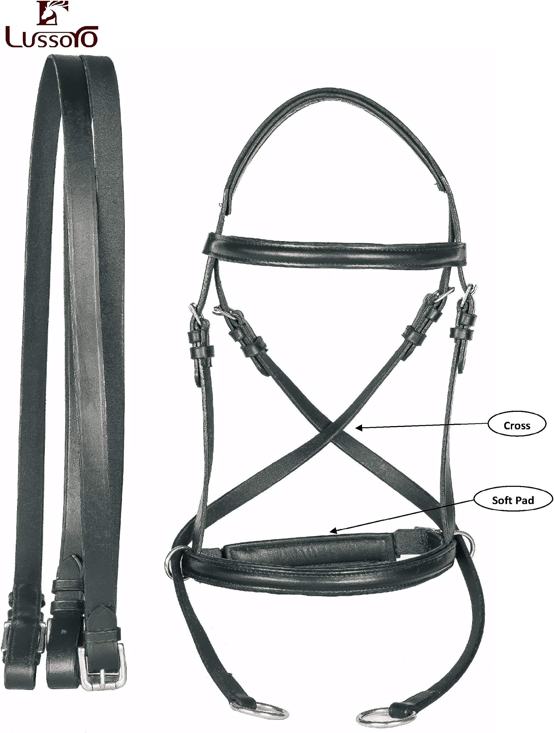 Lussoro Genuine Leather Cross | Cross English Bitless Bridle I Headstall with Reins Size Cob