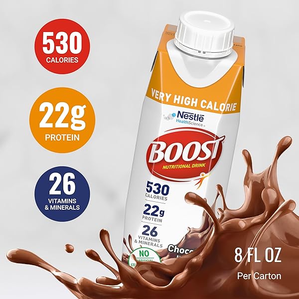 BOOST VERY HIGH CALORIE NUTRITIONAL DRINK – HELPS WEIGHT GAIN & MAINTENANCE – 530 CALORIES – 26 VITAMINS & MINERALS – 22 G PROTEIN – CALORIE-DENSE NUTRITIONAL DRINK – CHOCOLATE – 8 FL OZ (PACK OF 24)