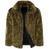 FANARCHER Men's Winter Faux Fur Coat Fluffy Jacket Turn Collar Luxury Overcoat Long Sleeve Parka Fleece Furry Outwear