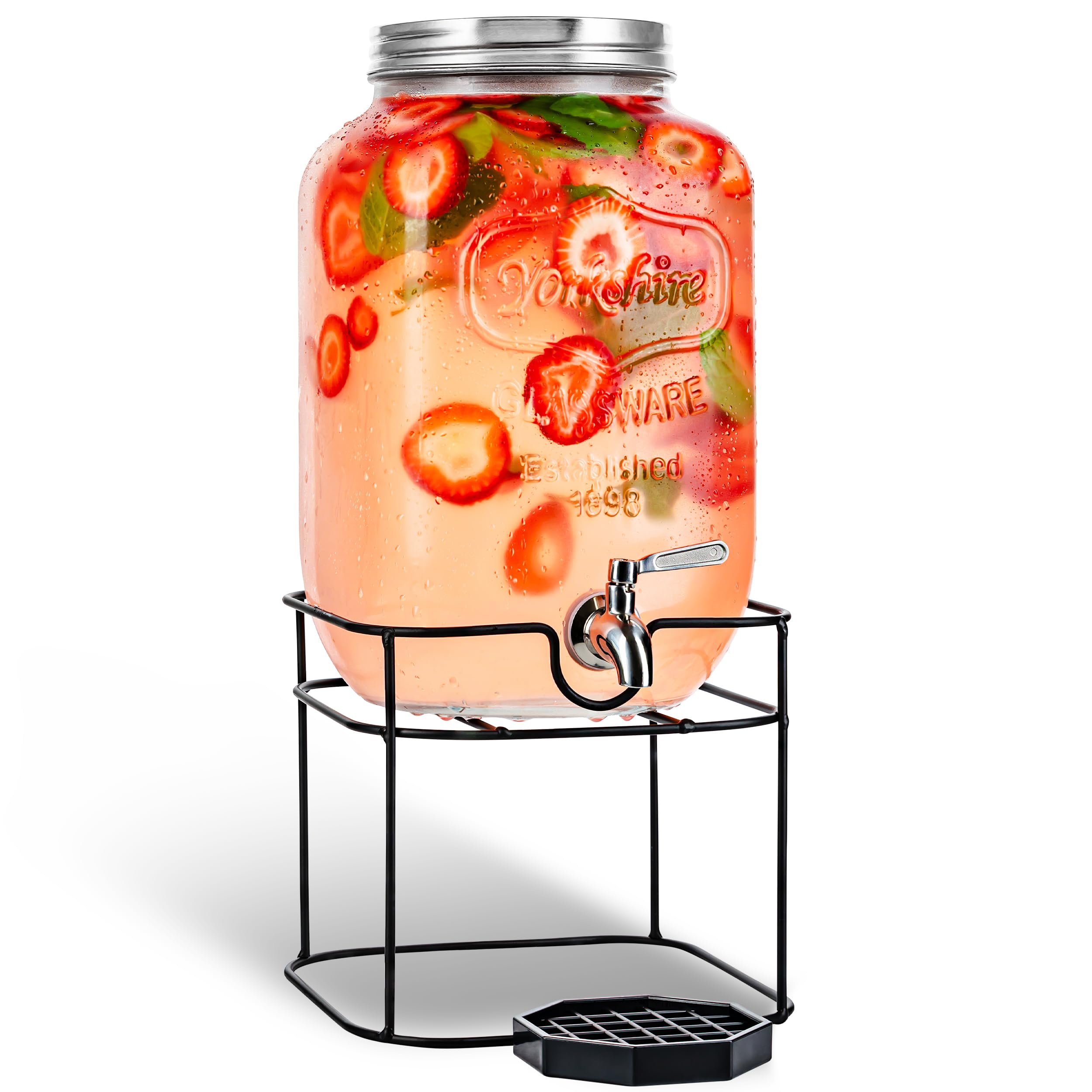 Photo 1 of 2 Gallon Glass Beverage Dispenser with Stainless Steel Spigot on Metal Stand - Decorative Mason Jar Dispenser For Sun Tea, Iced Tea or Kombucha
