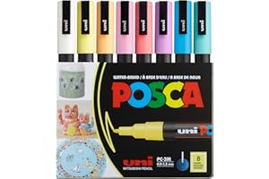 Posca Markers Set, 8 Fine Paint Markers 3M – Soft Tones – White, Sunshine Yellow, Apricot, Light Pink, Coral Pink, Lavender, Light Blue, Aqua Green