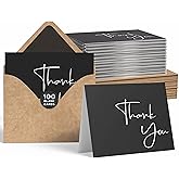 VNS Creations Thank You Cards With Envelopes Bulk Set & Stickers - 100 Pack 4x6 Blank Thank You Notes Bulk Box Set - Large Note Card Small Business, Wedding, Baby Shower & Bridal Shower - Black