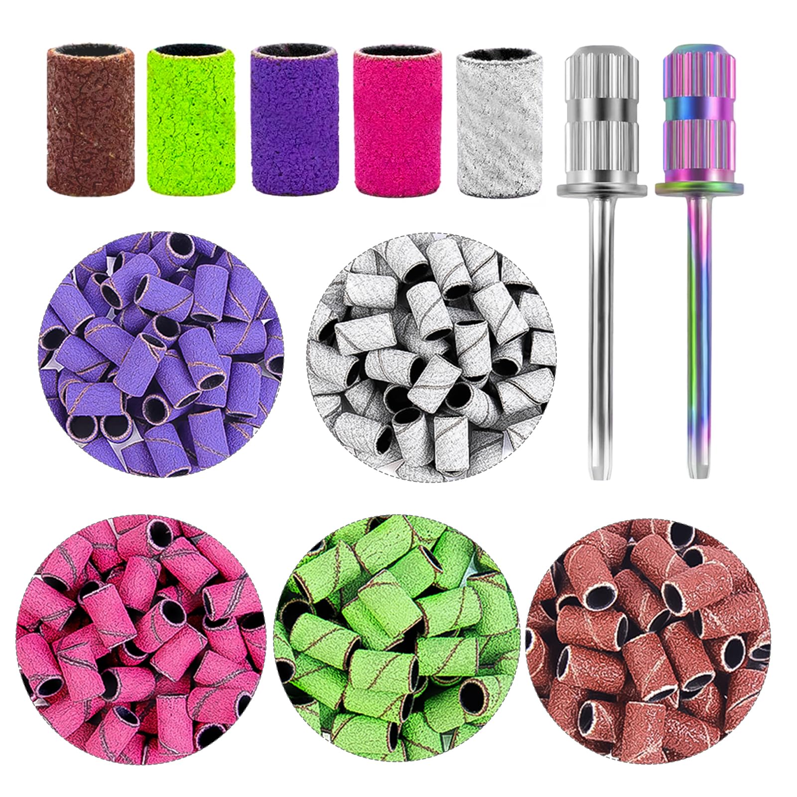 BELICOO Colorful Coarse Fine Nail Sanding Bands, 300Pcs 80-240# Grit with 2Pcs 3/32” Nail Drill Bits for Manicures & Pedicures