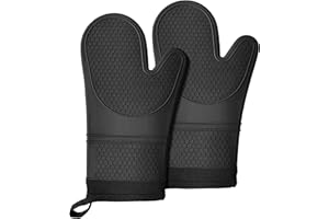 Lazebox Extra Long Silicone Oven Mitts, Heat and Slip Resistant Oven Mitts with Soft Cotton Lining Non-Slip Textured Grip, Long Flexible Thick Gloves for BBQ, Baking, Cooking, 12.59 inch, Black