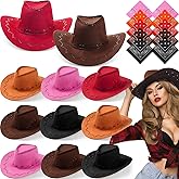 Coume 10 Set Cowboy Hat and Bandana for Women Men 10 Felt Cowgirl Cowboy Hat Bulk 10 Western Bandanas for Adult Costume Party