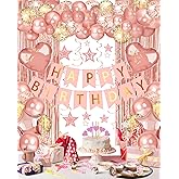 Lutoys Rose Gold Happy Birthday Party Decorations, Happy Birthday Banner, Rose Gold Foil Heart Star Confetti Balloons Curtain Backdrop Hanging Swirls Party Decor for Girls Women Princess