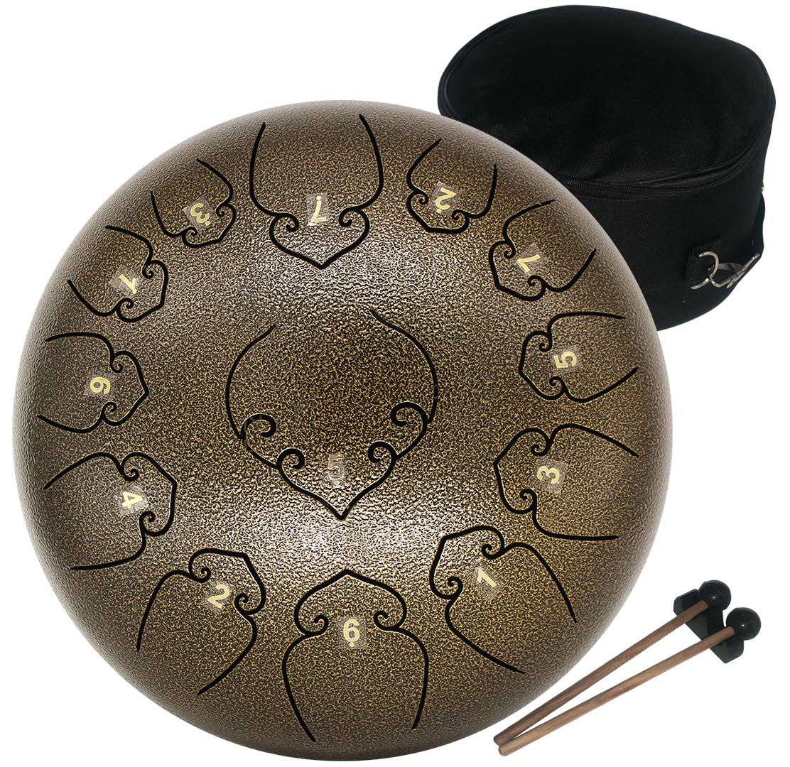 Amkoskr Steel Tongue Drum, 12 Inch 13 Notes C Major Handpan, Steel Drums with Carry Bag, Drumsticks, Rain-Drum for Garden for Meditation, Yoga, Musical Education, Patina Green