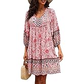 Qearal Women's Casual V Neck 3/4 Sleeve Boho Floral Printed Loose Short Flowy Summer Beach Vacation Dress