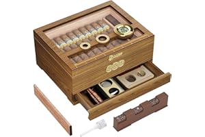 LIHTUN Cigar Humidor, Glass Top Desktop Cigars Case with Digital Hygrometer, Humidifier, Cigar Accessories Drawer and Measuring Scale, Cigars Humidors Box for Men Gift
