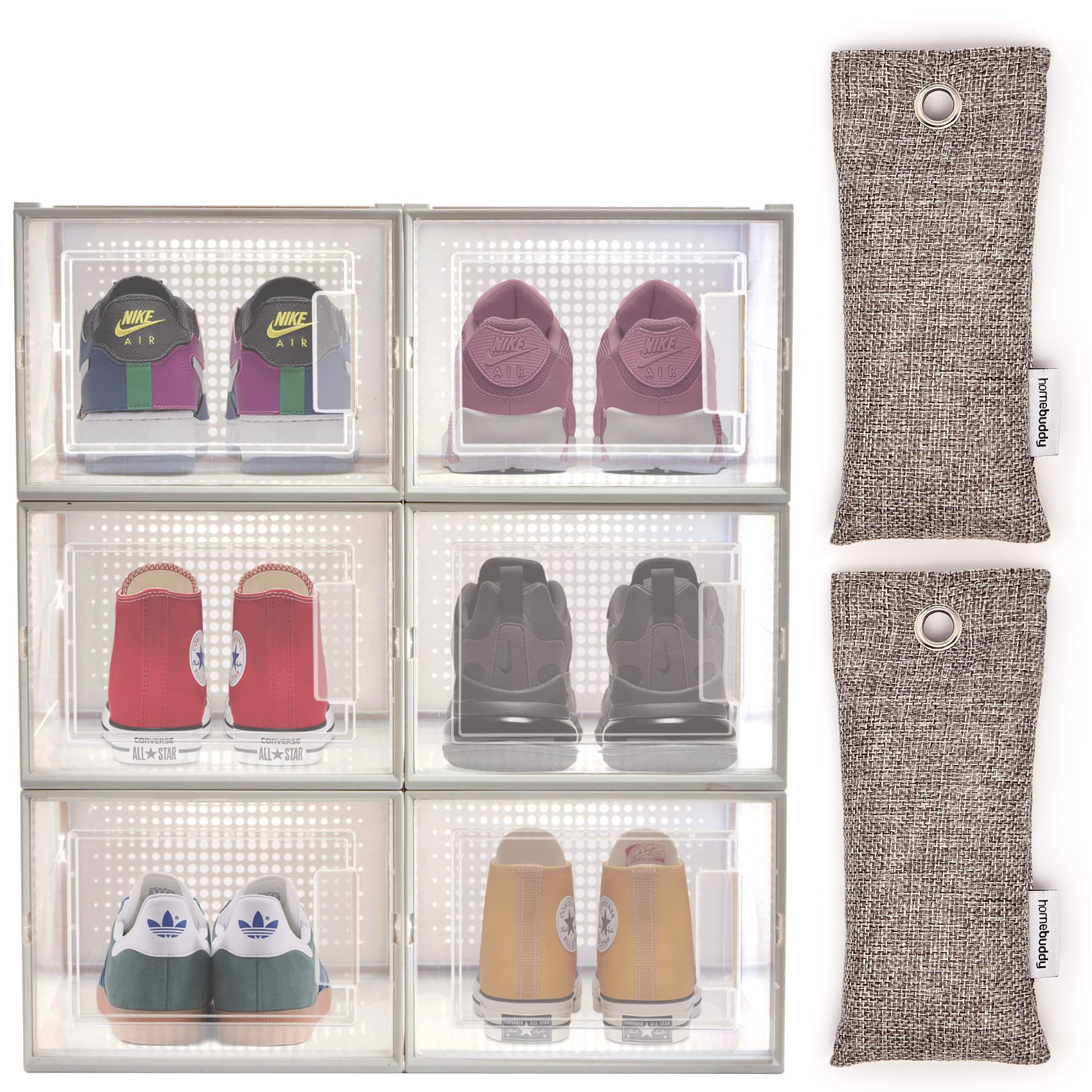 HomeBuddy Shoe Organizer Box - 6 Pack Shoe Box, Stackable Sneaker Storage, Sturdy Shoe Containers with Back Ventilation, Clear Shoe Boxes - Bamboo Charcoal Deodorizers Included
