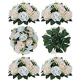 Flower Balls Wedding Rose Centerpieces: 6 Pcs Fake Flowers with Base Kissing Balls Decor Champagne &White Artificial Floral Arrangements Flower Bouquet of Roses Home Party Table DIY Decorations