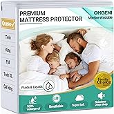 OhGeni 100% Waterproof Mattress Protector, Queen Size, Fitted Sheet with Deep Pockets, 6''-18'', Premium Noiseless Breathable