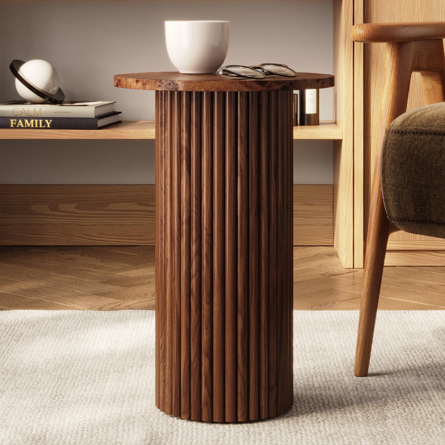 Photo 1 of Round Fluted Accent Side Table - Small Drink Table - Living Room Furniture - Modern Home and Bedroom Decor - Pedestal Side Table with a Solid Oak Base (Burl Walnut Finish)