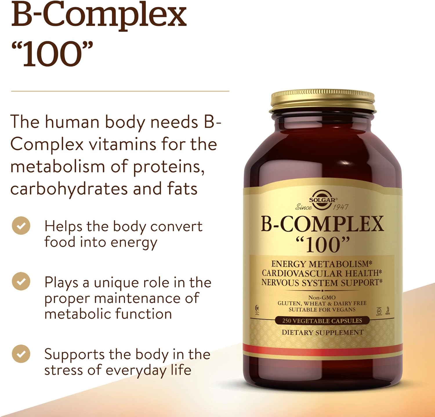 Solgar B-Complex "100", 250 Vegetable Capsules - Heart Health - Nervous System Support - Supports Energy Metabolism - Non-GMO, Vegan, Gluten Free, Dairy Free, Kosher, Halal - 250 Servings: Health & Personal Care