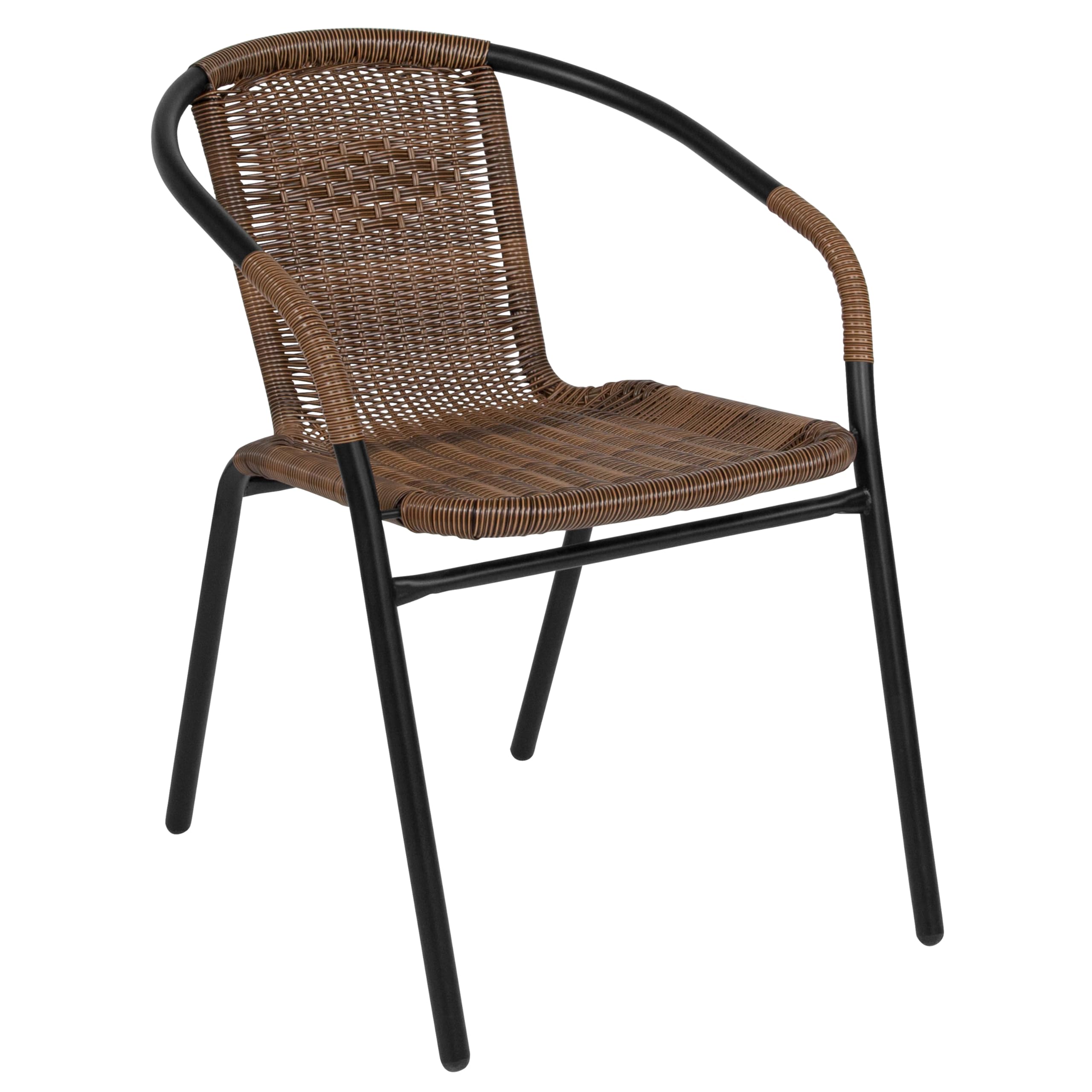 Photo 1 of **************The plastic on arm is torn************
4 Pack of Flash Furniture Lila Medium Brown Rattan Indoor-Outdoor Restaurant Stack Chair