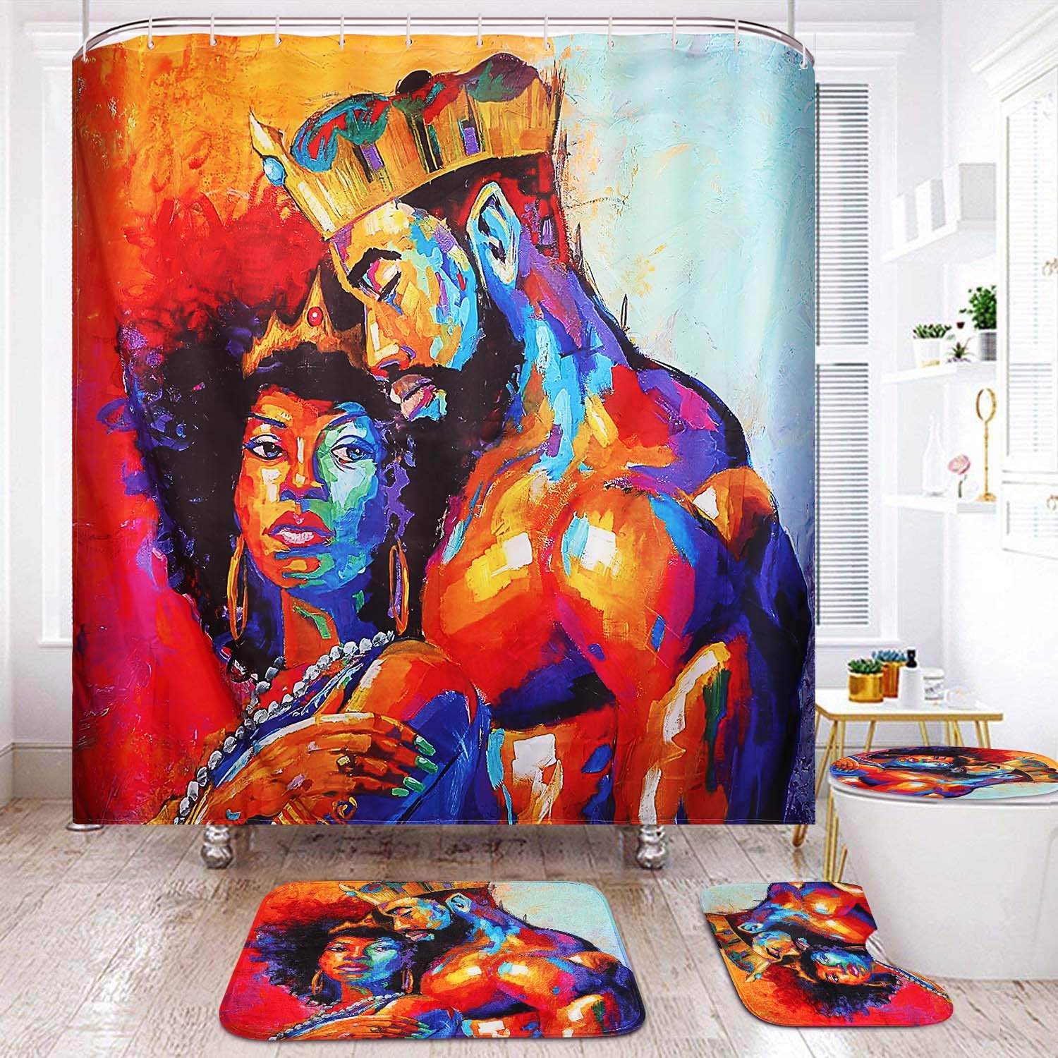 Flymall Shower Curtain Set,Waterproof Washable Polyester Fabric African Couples Painting Shower Curtain Including 12-Pack Shower Hooks for Home Bathroom Decor(71 x 71)