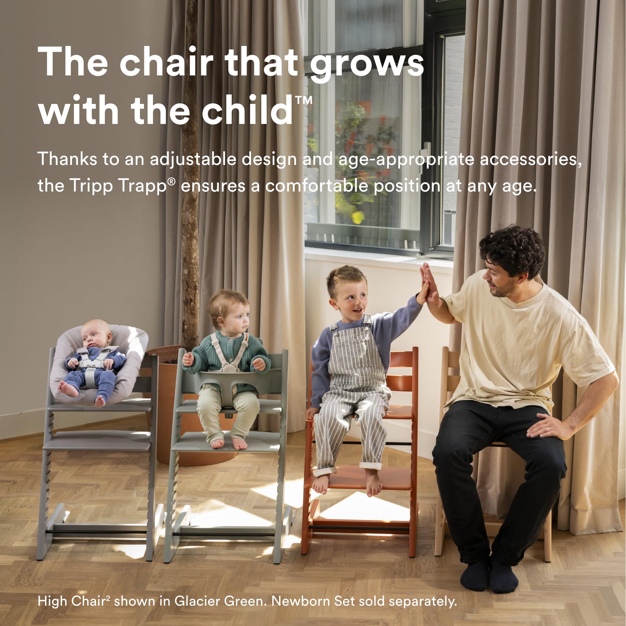 Stokke Tripp Trapp High Chair 2, Natural - Includes Chair + Baby Set with Removable Harness for Children 6-36 Months - Adjustable, Ergonomic & Easy to Clean