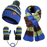 Kids Winter Pompom Beanie Hat Scarf Gloves Set for Boys&Girls Age 3-8, Fleece Lined Skull Cap Neck Warmer Mitten Set