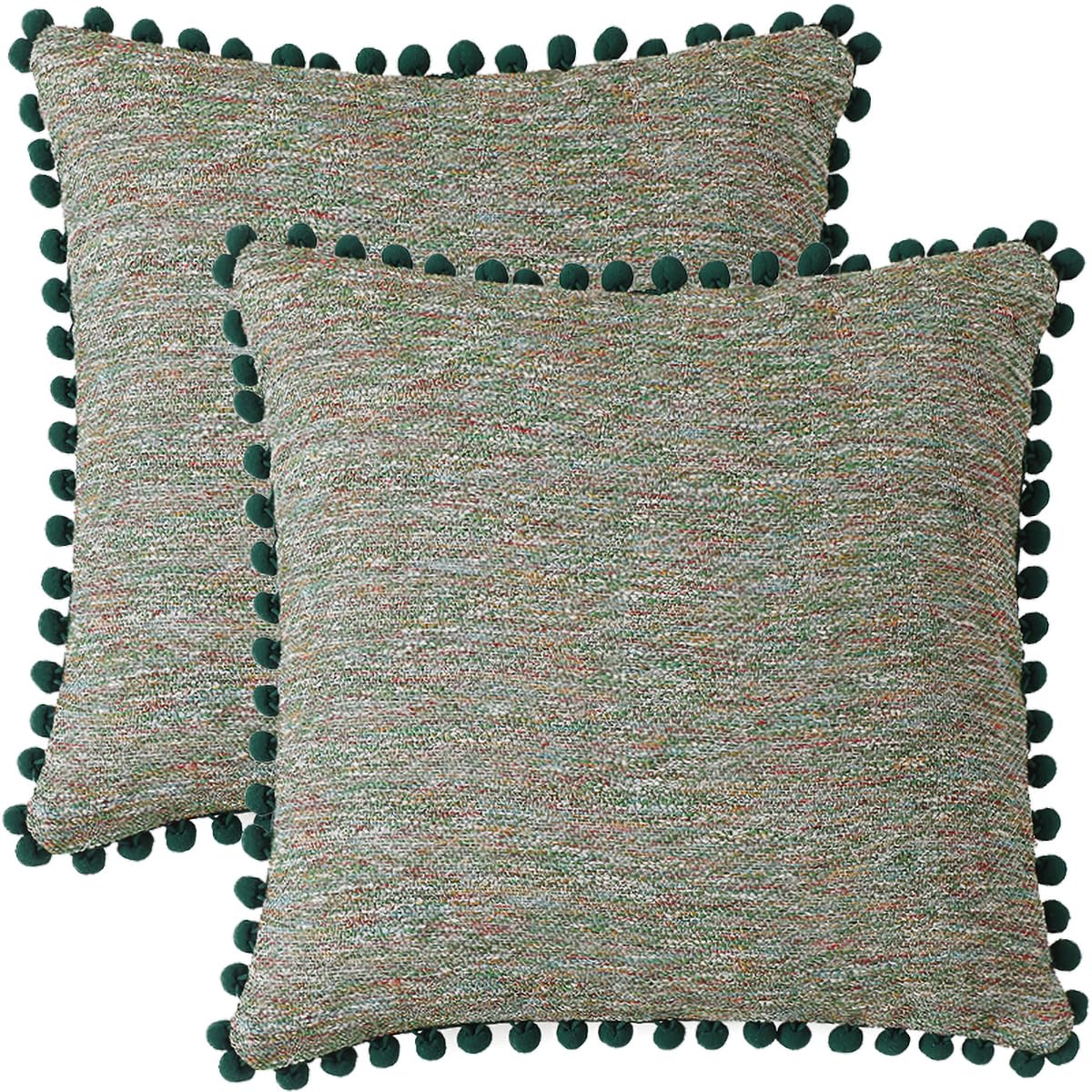Tennove Cushion Covers 45x45cm Decorative Boucle Pillow Covers with Fluffy Pompoms Soft Boho Throw Pillowcase Set of 2 for Sofa Bed Home Decor, Green