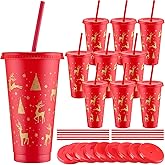 Sliner 10 Pcs Red Christmas Plastic Cups with Lid and Straw 24oz Reusable Christmas Plastic Cups Thick Xmas Party Drinking Tumblers for Iced Coffee Xmas Party Supplies(Gold)
