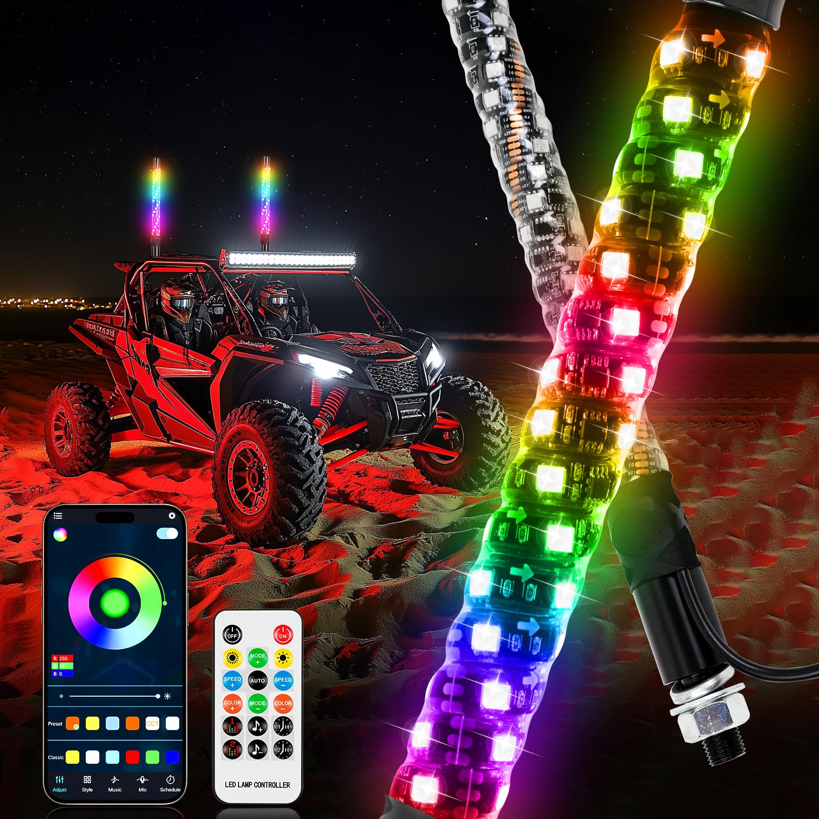 Photo 1 of 2PCS 1FT RGB Whip Lights,LED Whip Light with App & Remote Control Spiral Chasing Lighted Antenna Whips for Side by Side Music Whip Lights for ATV UTV RZR Can-Am Polaris Dune Buggy SXS Truck